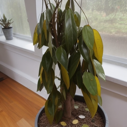 Close-up image of a money tree with underwatered yellowing leaves. The leaves are wilted and show signs of dehydration, with edges curling and turning yellow. The overall appearance suggests a lack of water and moisture stress