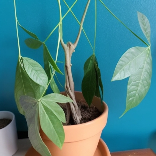 The image you’ve uploaded shows a money tree plant in a terracotta pot against a blue wall. The plant has multiple green stems that are thin and elongated. Some of the green leaves are vibrant, while others are drooping, indicating the plant may be unhealthy or in need of care. Drooping leaves can be a sign of overwatering, underwatering, or not enough light